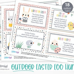 May include: A set of 18 printable Easter egg hunt clues featuring colorful illustrations of bunnies, chicks, and eggs. The clues are written in a fun and playful font and include phrases like "Lippity Hop!" and "I'm so 100s-cited!"
