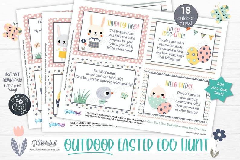 May include: A set of 18 printable Easter egg hunt clues featuring colorful illustrations of bunnies, chicks, and eggs. The clues are written in a fun and playful font and include phrases like "Lippity Hop!" and "I'm so 100s-cited!"