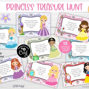 Cartes-indices imprimables de chasse au trésor de princesse de conte de fées pour l'anniversaire d'enfants, voyage surprise révélant des indices de chasse au trésor modifiables de jeu de société