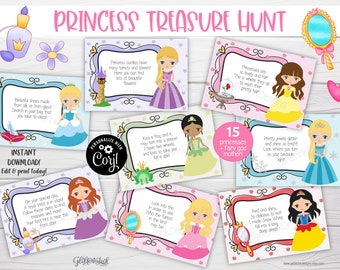 May include: A set of 15 printable cards featuring different Disney princesses. Each card has a princess illustration and a clue for a treasure hunt game. The cards are designed with a pink and blue color scheme and have a whimsical, fairytale theme.