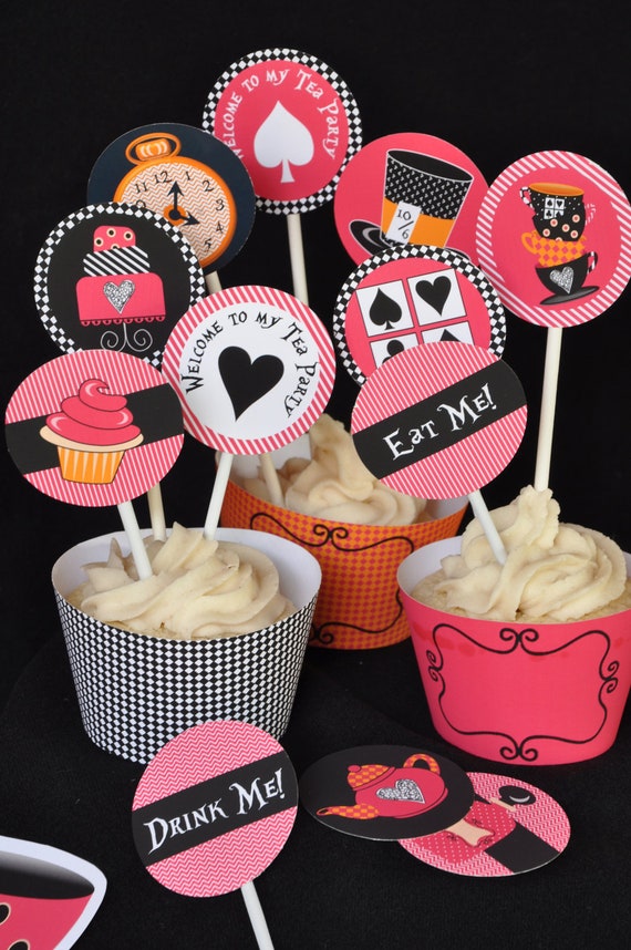 Alice in Wonderland & Mad Hatter inspired Tea Party cupcake toppers and wrappers / favor tags INSTANT DOWNLOAD Il_570xn