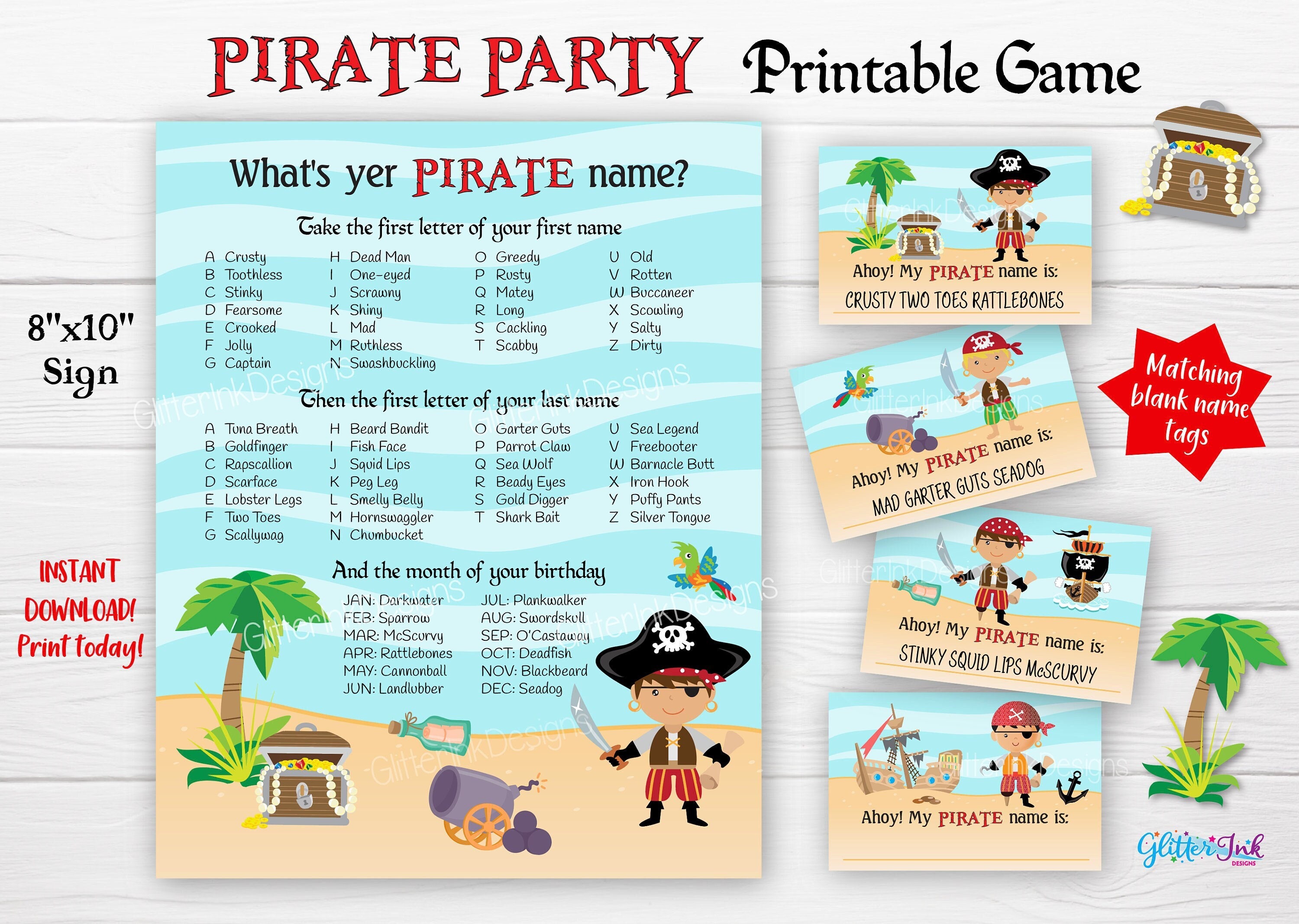  What is Your Pirate Name Game, Pirate birthday party game,Pirate  Activity Cards Ideas Decoration Supplies, Pirate Birthday Party Sign for  Boys(1 Pirate Theme Sign and 30 Name Tag Stickers) : Home