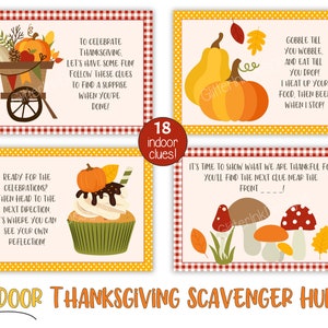 Pu&ograve; includere: Un set di 18 carte di caccia al tesoro di Ringraziamento stampabili con illustrazioni a tema autunnale. Le carte presentano una variet&agrave; di immagini a tema Ringraziamento, tra cui zucche, foglie e una cornucopia. Il testo sulle carte include indizi per una caccia al tesoro.