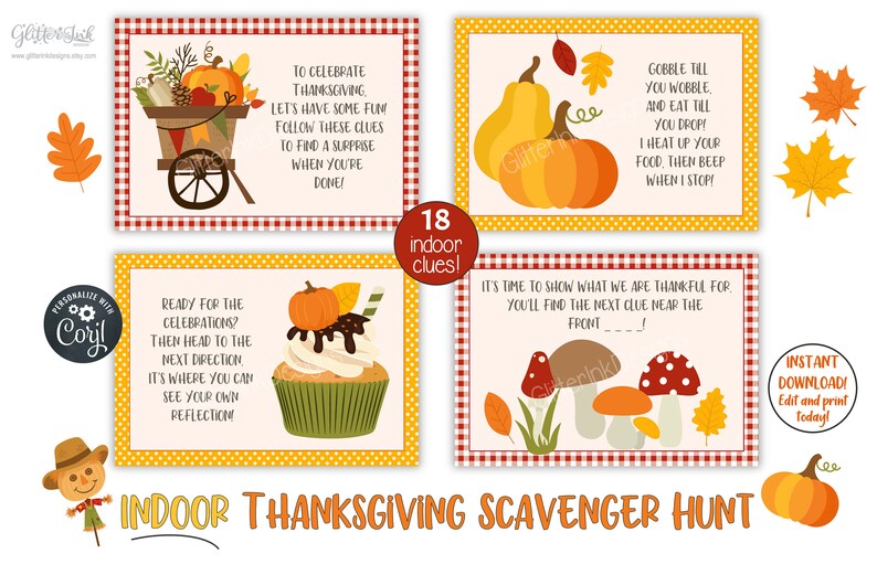 Pu&ograve; includere: Un set di 18 carte di caccia al tesoro di Ringraziamento stampabili con illustrazioni a tema autunnale. Le carte presentano una variet&agrave; di immagini a tema Ringraziamento, tra cui zucche, foglie e una cornucopia. Il testo sulle carte include indizi per una caccia al tesoro.