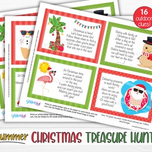 Pu&ograve; includere: Un set di 16 carte stampabili per una caccia al tesoro di Natale estiva. Le carte sono verdi e rosse con pois bianchi e presentano illustrazioni di un pupazzo di neve, un fenicottero rosa, una palma e Babbo Natale. Il testo sulle carte recita "Summer Christmas Treasure Hunt".