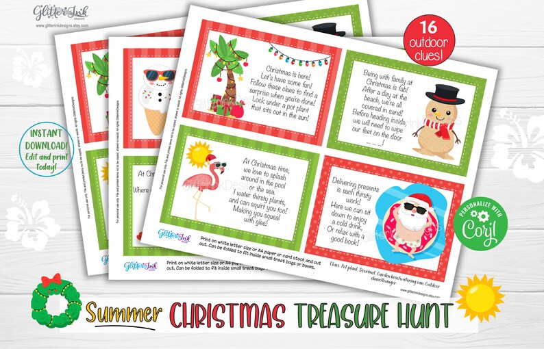 Pu&ograve; includere: Un set di 16 carte stampabili per una caccia al tesoro di Natale estiva. Le carte sono verdi e rosse con pois bianchi e presentano illustrazioni di un pupazzo di neve, un fenicottero rosa, una palma e Babbo Natale. Il testo sulle carte recita "Summer Christmas Treasure Hunt".
