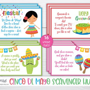 Ledtrådskort till skattjakt för Cinco de Mayo, lekar för mexikansk fiesta till födelsedagskalas för barn, ledtrådar att skriva ut för skattjakt till Taco Tuesday bild 7