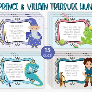 Caça ao tesouro de príncipes vilões e princesas ajudantes / Dicas de caça ao tesouro de aniversário de príncipes / Jogo de festa de princesas / Revelação de viagem surpresa