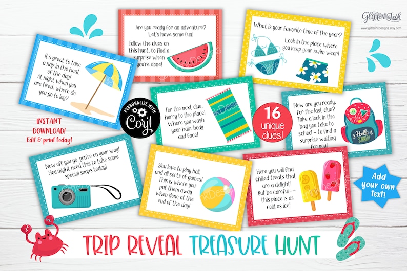May include: A set of 16 colorful cards with illustrations and text for a summer-themed treasure hunt. The cards feature images of a beach umbrella, a watermelon, a beach towel, a beach ball, a camera, a popsicle, a swimsuit, and a backpack. The text on the cards includes clues for the treasure hunt, such as "What is your favorite time of the year? Look in the place where you keep your swim wear!" and "Now are you ready for the last clue? Take a look in the bag you take to school - to find a surprise waiting for you!"