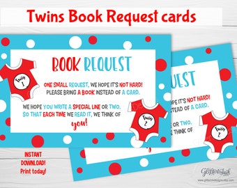 Twins baby shower book request cards / Baby library baby book request / Double the trouble twice the fun
