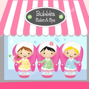 May include: Three cartoon girls wearing towels and robes are sitting in pink chairs with their feet in bowls of water. The sign above them reads "Bubbles Salon & Spa".