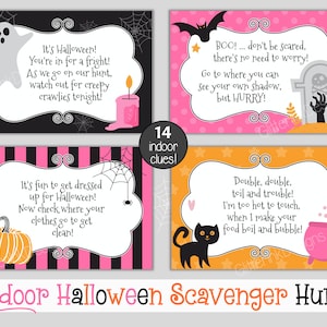 May include: Printable Halloween scavenger hunt game with 14 clues. The cards are pink, black, and orange with a variety of Halloween-themed illustrations, including ghosts, bats, pumpkins, spiders, and a cauldron. The text on the cards includes rhymes and instructions for the game. The text "Indoor Halloween Scavenger Hunt" is at the bottom of the image.