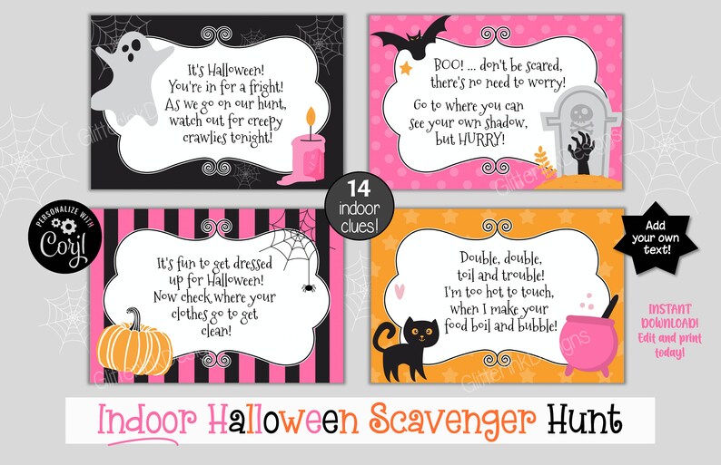May include: Printable Halloween scavenger hunt game with 14 clues. The cards are pink, black, and orange with a variety of Halloween-themed illustrations, including ghosts, bats, pumpkins, spiders, and a cauldron. The text on the cards includes rhymes and instructions for the game. The text "Indoor Halloween Scavenger Hunt" is at the bottom of the image.