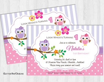 Owl theme 1st birthday party invitation / First birthday baby owl invitation pink, purple, lilac / Printable owl invite digital download