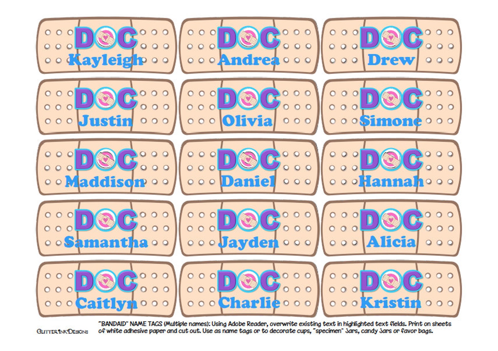 Doctor Party Favors Printable Bandaids / Editable Bandage Name | Etsy