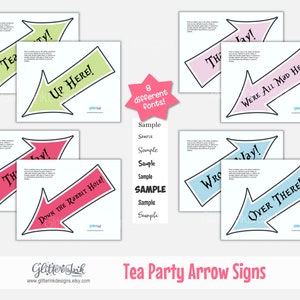 May include: Printable Alice in Wonderland themed tea party arrow signs. The signs feature different colors and fonts with phrases like "Up Here!" and "Down the Rabbit Hole!"