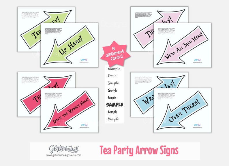 May include: Printable Alice in Wonderland themed tea party arrow signs. The signs feature different colors and fonts with phrases like "Up Here!" and "Down the Rabbit Hole!"