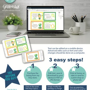 Op de afbeelding: Een printbaar ontwerp in groen, wit en goud met een kabouter, een klavertjevier en een hoefijzer. Het ontwerp is bewerkbaar met behulp van de Corjl online tool. De tekst op het ontwerp luidt "TRY BEFORE YOU BUY!" en "3 easy steps!"