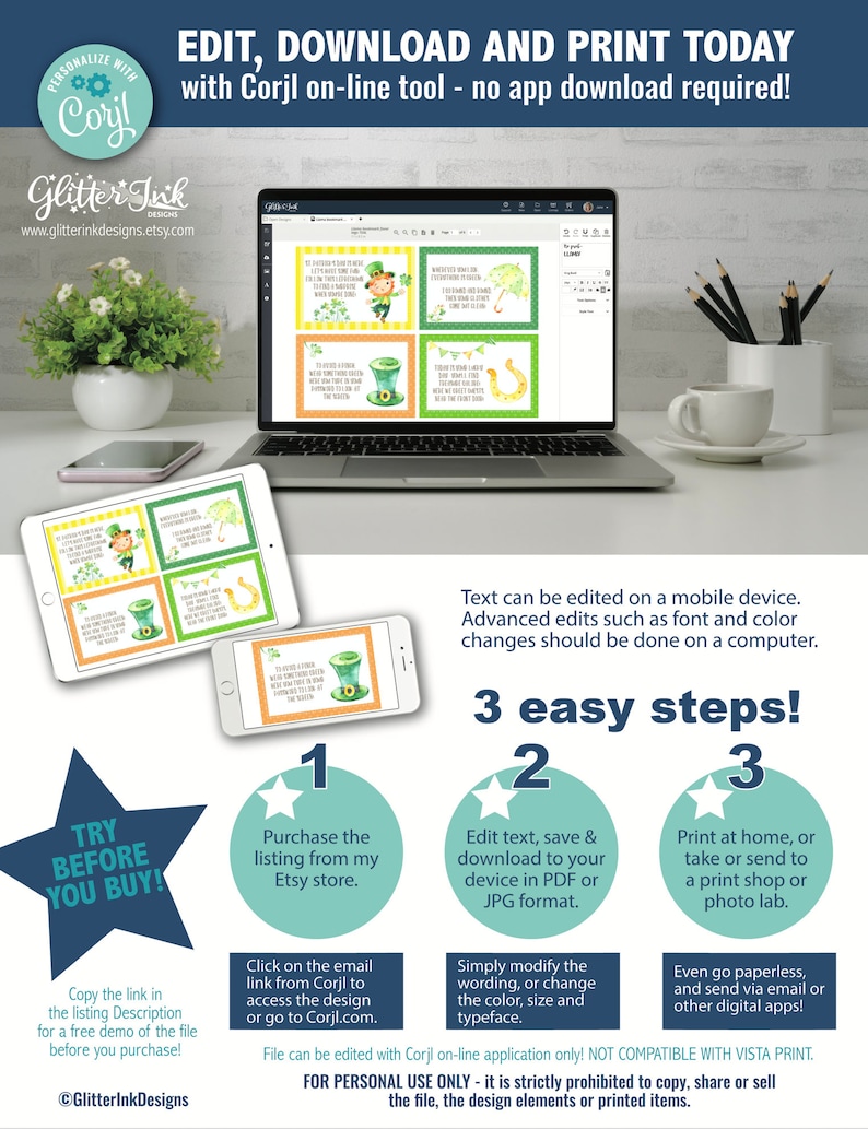 Op de afbeelding: Een printbaar ontwerp in groen, wit en goud met een kabouter, een klavertjevier en een hoefijzer. Het ontwerp is bewerkbaar met behulp van de Corjl online tool. De tekst op het ontwerp luidt "TRY BEFORE YOU BUY!" en "3 easy steps!"