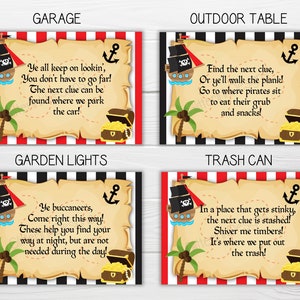 May include: A set of printable pirate-themed scavenger hunt clues. Each clue is a parchment-style card with a pirate ship, treasure chest, and anchor. The clues are for a garage, outdoor table, garden lights, and a bin. The text on the cards reads: "Ye all keep on lookin', You don't have to go far! The next clue can be found where we park the car!"  "Find the next clue, Or ye'll walk the plank! Go to where pirates sit to eat their grub and snacks!"  "Ye buccaneers, Come right this way! These help you find your way at night, but are not needed during the day!"  "In a place that gets stinky, the next clue is stashed! Shiver me timbers! It's where we put out the bin!"