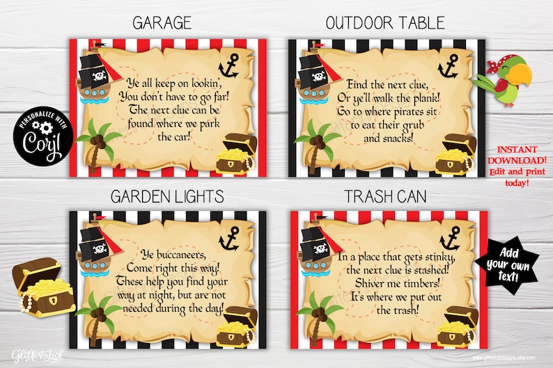 May include: A set of printable pirate-themed scavenger hunt clues. Each clue is a parchment-style card with a pirate ship, treasure chest, and anchor. The clues are for a garage, outdoor table, garden lights, and a bin. The text on the cards reads: "Ye all keep on lookin', You don't have to go far! The next clue can be found where we park the car!"  "Find the next clue, Or ye'll walk the plank! Go to where pirates sit to eat their grub and snacks!"  "Ye buccaneers, Come right this way! These help you find your way at night, but are not needed during the day!"  "In a place that gets stinky, the next clue is stashed! Shiver me timbers! It's where we put out the bin!"