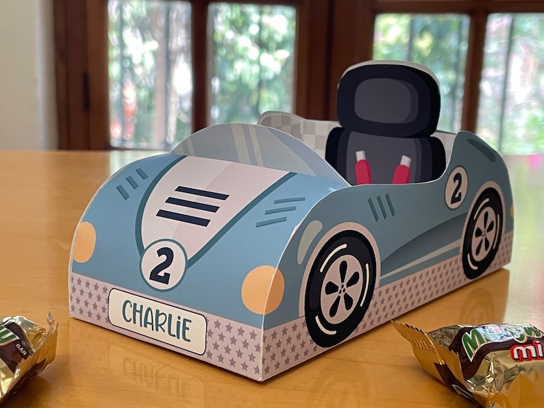 Race car birthday printable favor box / Papercraft racing car candy treat box / Two fast race car party favors Racing party car centerpiece image 1