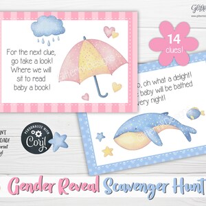 Gender reveal speurtocht-aanwijzingskaarten voor babyshower-partygames, aquarel applique teddybeer afdrukbare schattenjacht-aanwijzingen afbeelding 8