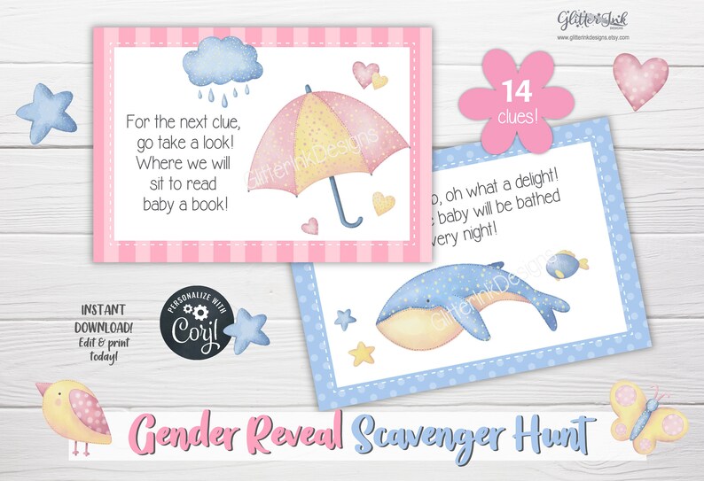 Gender reveal speurtocht-aanwijzingskaarten voor babyshower-partygames, aquarel applique teddybeer afdrukbare schattenjacht-aanwijzingen afbeelding 8