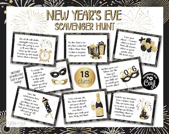 2026 New Years Eve scavenger hunt for kids,  New Year's Eve family party games, New Year printable treasure hunt clues