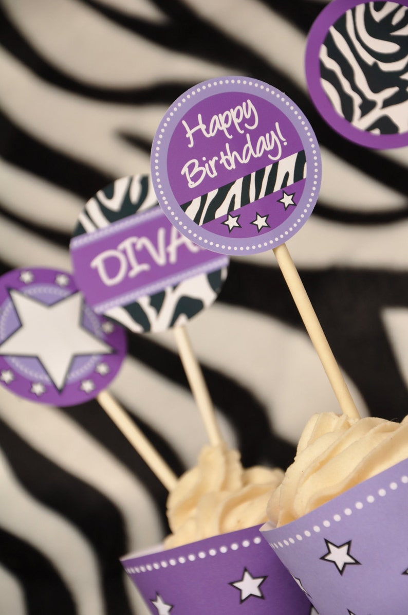 Diva Glam Spa Party Purple Zebra Print Pdf Printable Cupcake Etsy