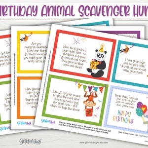 May include: A set of 16 colourful printable cards featuring animal illustrations and rhyming clues for a birthday scavenger hunt. The cards are designed to be cut out and hidden around a home or party space.