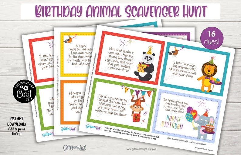 May include: A set of 16 colourful printable cards featuring animal illustrations and rhyming clues for a birthday scavenger hunt. The cards are designed to be cut out and hidden around a home or party space.