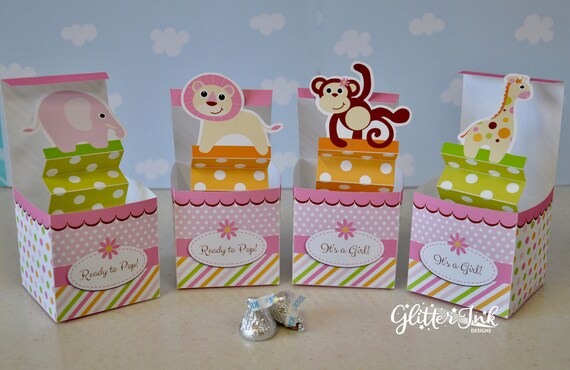 Jungle safari baby shower pop up favor box Jack in the Box animal zoo pdf printable toy - giraffe lion elephant monkey pastel pink baby girl Il_570xn