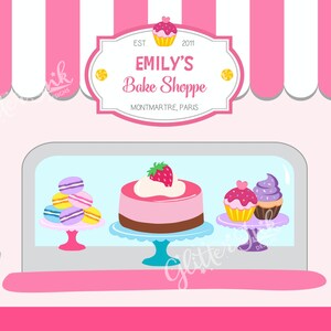 May include: A pink and white striped awning with a sign that reads "Emily's Bake Shoppe, Montmartre, Paris" above a display case with a pink cake with a strawberry on top, macarons, and cupcakes.