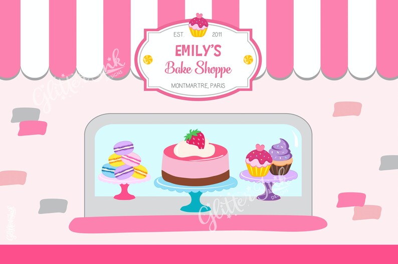 May include: A pink and white striped awning with a sign that reads "Emily's Bake Shoppe, Montmartre, Paris" above a display case with a pink cake with a strawberry on top, macarons, and cupcakes.