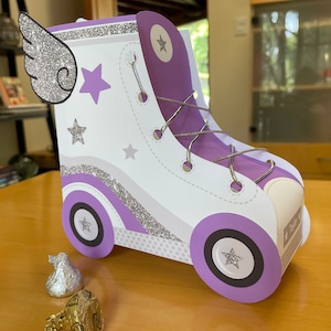 Roller skate party favor boxes / Printable Roller skate party favors - purple and silver glitter - edit with Corjl