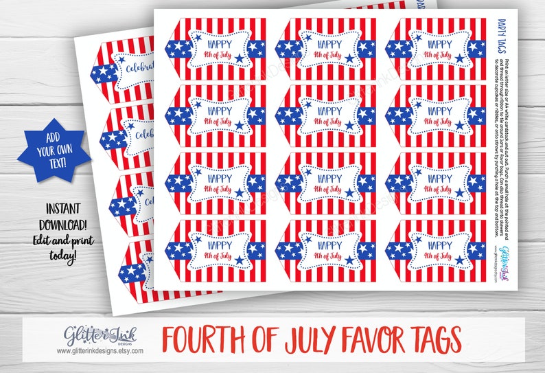 4th of July favor tags / Fourth of July patriotic party stars and stripes party decor / printable gift tags / edit with Corjl image 3