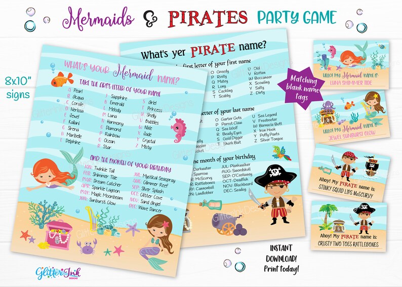 May include: Printable party game for a mermaid and pirate themed party. The game includes two cards with lists of names based on the first letter of the player's first and last name and the month of their birthday. The game also includes blank name tags for players to write their names on.