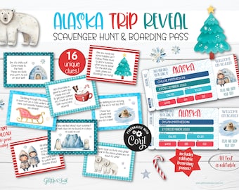 Alaska surprise trip reveal scavenger hunt with boarding pass / Christmas family vacation kids treasure hunt clues printable tickets