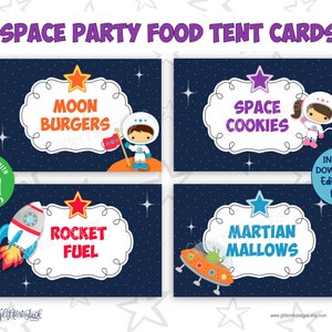 Cartões de barraca de comida para festa de astronauta / Cartões de mesa de bufê para festa de foguete / Etiquetas para impressão de festa no espaço sideral / Etiquetas para pote de doces de aniversário de astronauta