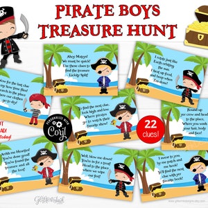 Boy pirate treasure hunt clues for kids / Pirate party scavenger hunt clue cards / Pirate boys treasure chest printable party games