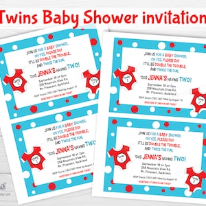 May include: A blue and white baby shower invitation with red polka dots. The invitation features a red and white 'Thing 1' and 'Thing 2' character from the book 'The Cat in the Hat'. The text on the invitation reads 'Join us for a baby shower, oh yes, please do! It'll be double the trouble, and twice the fun, 'cos Jenna's having two!'