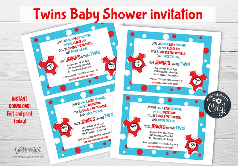 May include: A blue and white baby shower invitation with red polka dots. The invitation features a red and white 'Thing 1' and 'Thing 2' character from the book 'The Cat in the Hat'. The text on the invitation reads 'Join us for a baby shower, oh yes, please do! It'll be double the trouble, and twice the fun, 'cos Jenna's having two!'