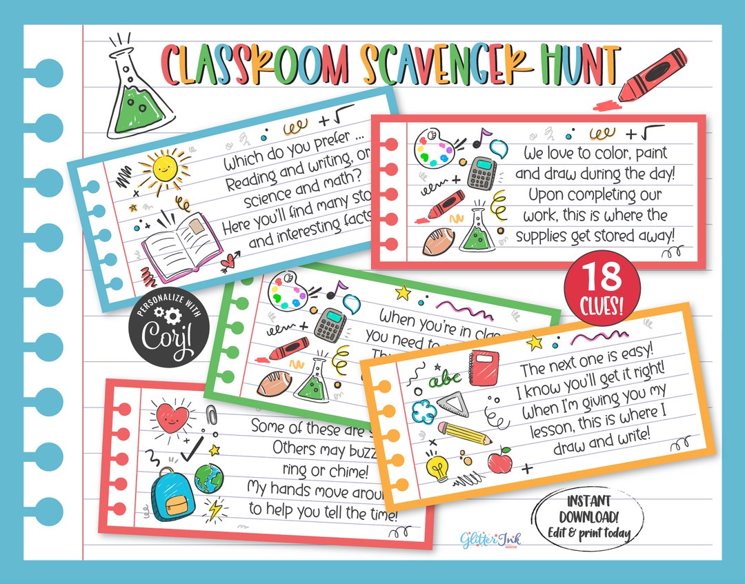 Classroom Scavenger Hunt Rhyming Riddle Clue Cards, Back to School
