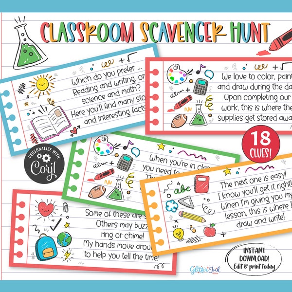 Classroom scavenger hunt rhyming riddle clue cards / Back to school kids treasure hunt clues / Teacher class activity with notebook doodles