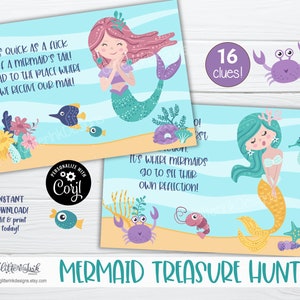 May include: A printable mermaid treasure hunt game with 16 clues. The game features a mermaid with pink hair and a mermaid with green hair. The game also features a crab, a seahorse, and a fish.