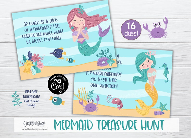 May include: A printable mermaid treasure hunt game with 16 clues. The game features a mermaid with pink hair and a mermaid with green hair. The game also features a crab, a seahorse, and a fish.