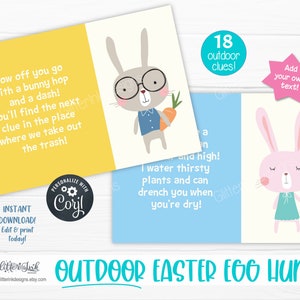 May include: A set of 18 printable Easter egg hunt clues featuring a bunny with glasses and a carrot. The clues are designed for an outdoor egg hunt and include the text "Add your own text!" and "18 outdoor clues!"