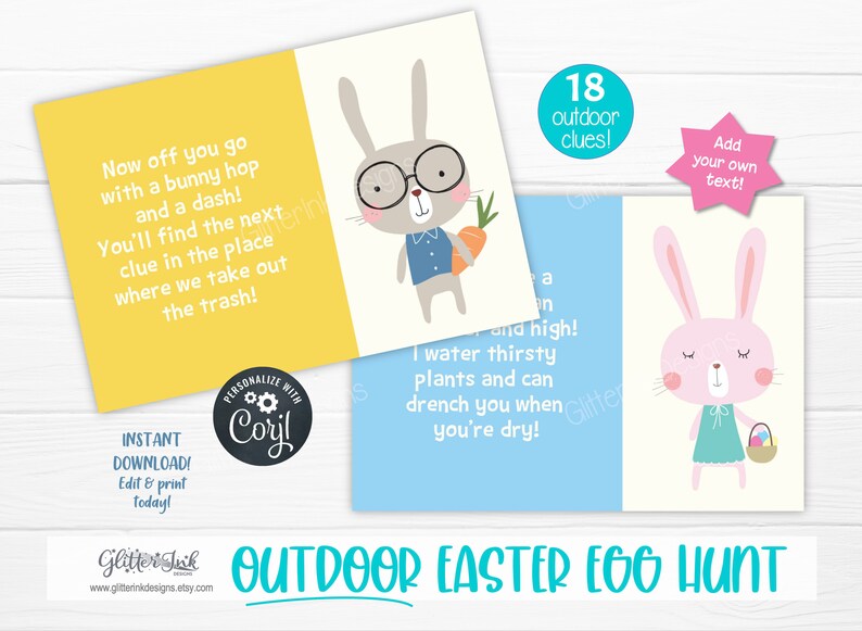 May include: A set of 18 printable Easter egg hunt clues featuring a bunny with glasses and a carrot. The clues are designed for an outdoor egg hunt and include the text "Add your own text!" and "18 outdoor clues!"