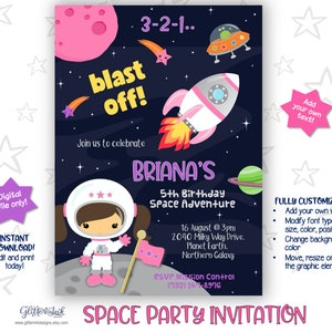 Outer space party printable invitation / Space girl astronaut invitation / Spaceship rocket invitation - edit & print with Corjl